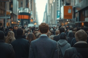 Gray Suit Commuter Walking Through Dense City Crowd
