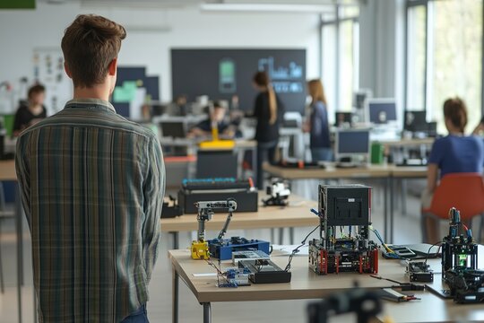 Man observing robotics lab with students and equipment