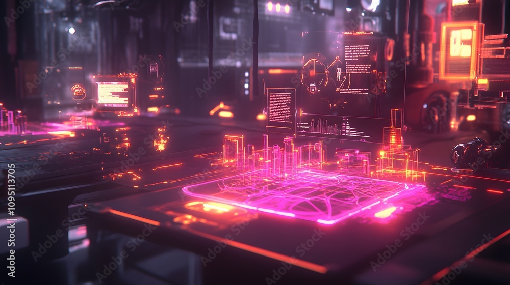 Aufkleber A futuristic brainstorming session integrating AI-generated 3D glowing visual data tools with 2D live feedback annotations. 4k resolution, Cinematic Scene