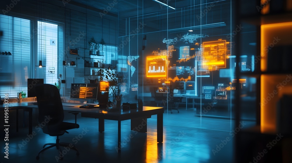 Poster A coworking environment where AI tools project 3D glowing task prioritization visuals alongside 2D team performance dashboards. 4k resolution, Cinematic Scene