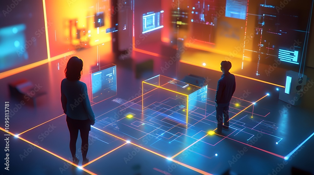 Aufkleber A professional presenting AI-generated 3D glowing team alignment pathways complemented by 2D actionable task markers. 4k resolution, Cinematic Scene
