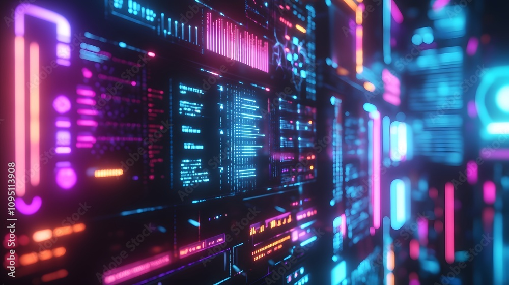 Fototapete A hybrid workspace where AI-driven tools display 3D glowing task prioritization systems complemented by 2D performance indicators. 4k resolution, Cinematic Scene