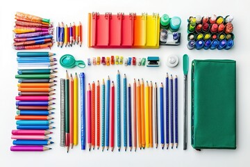 Obraz premium Assorted colorful stationery arranged neatly on white
