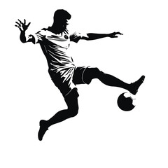 a black and white silhouette of a soccer player in action. The player is in mid-air, kicking the ball with his right foot