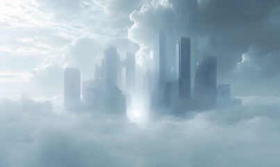 Fototapeta premium Mystical Urban Setting, An ethereal cityscape with soft, rolling clouds merging into the skyline