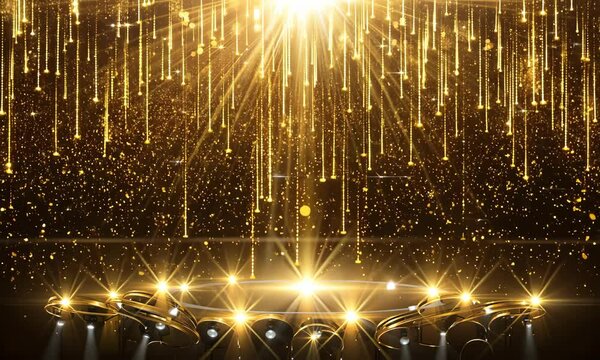 Award party stage golden stage glitter animation. stars, lights and particles. Luxury gold light streak. Particle, luxury awards ceremony background