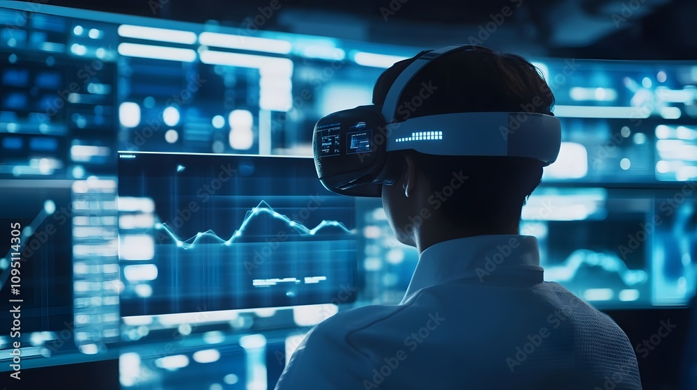 Poster a futuristic training room where professionals wear vr headsets projecting 3d interactive models wit