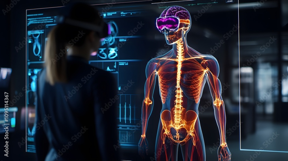 Poster a collaborative ar/vr training lab featuring 3d glowing anatomy models for healthcare development pa