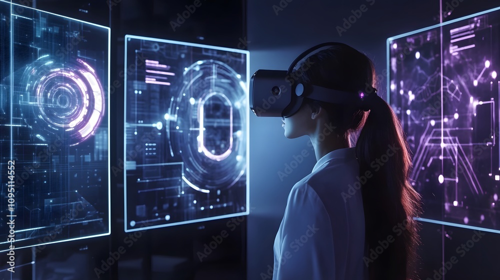 Poster a minimalist training lab where employees explore 3d glowing project designs in vr, with 2d task eva