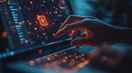 Close up of a video player on a laptop screen with glowing icons