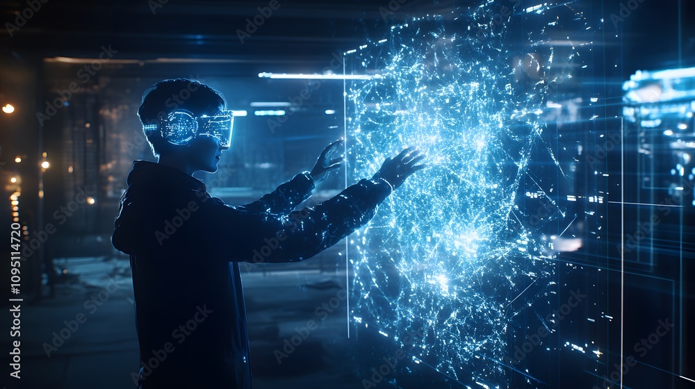 Poster A hybrid professional using AR devices to interact with 3D glowing team-building activities and 2D feedback animations. 4k resolution, Cinematic Scene