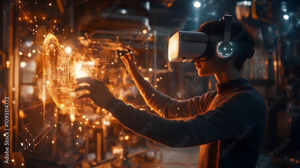 Poster A VR development program where participants complete 3D immersive repair tasks supported by 2D glowing metrics. 4k resolution, Cinematic Scene