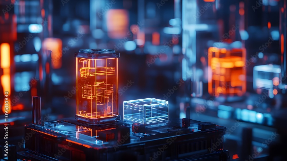 Poster A professional presenting AR-enhanced training modules with 3D glowing resource models and 2D actionable steps. 4k resolution, Cinematic Scene