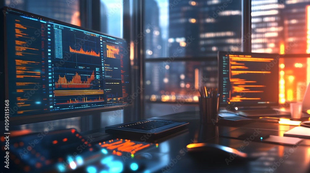 Poster A hybrid workspace featuring AR devices projecting 3D glowing financial training models with 2D glowing task reports. 4k resolution, Cinematic Scene