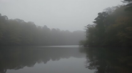Fototapeta premium Foggy Lake Enveloped by Trees in Mist