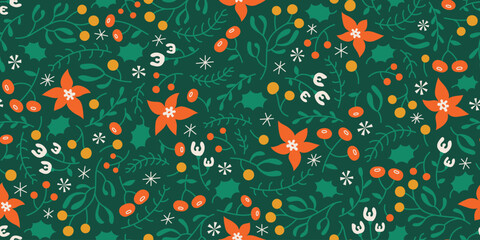 Merry Christmas winter botanical seamless pattern on green. Floral new year vector background with mistletoe, berries, poinsettia flowers