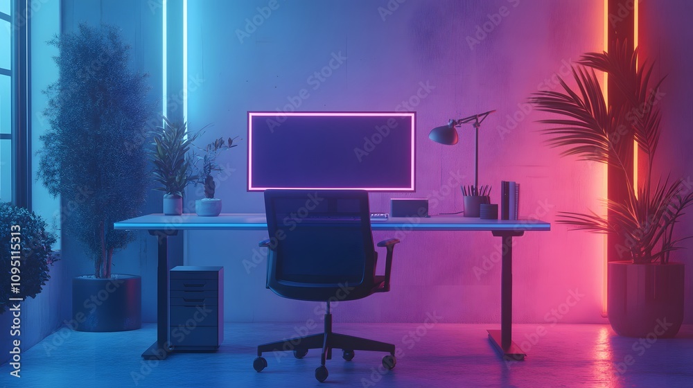 Aufkleber A sleek workspace where IoT-enabled smart desks adjust height with 3D glowing indicators and 2D floating customization settings. 4k resolution, Cinematic Scene