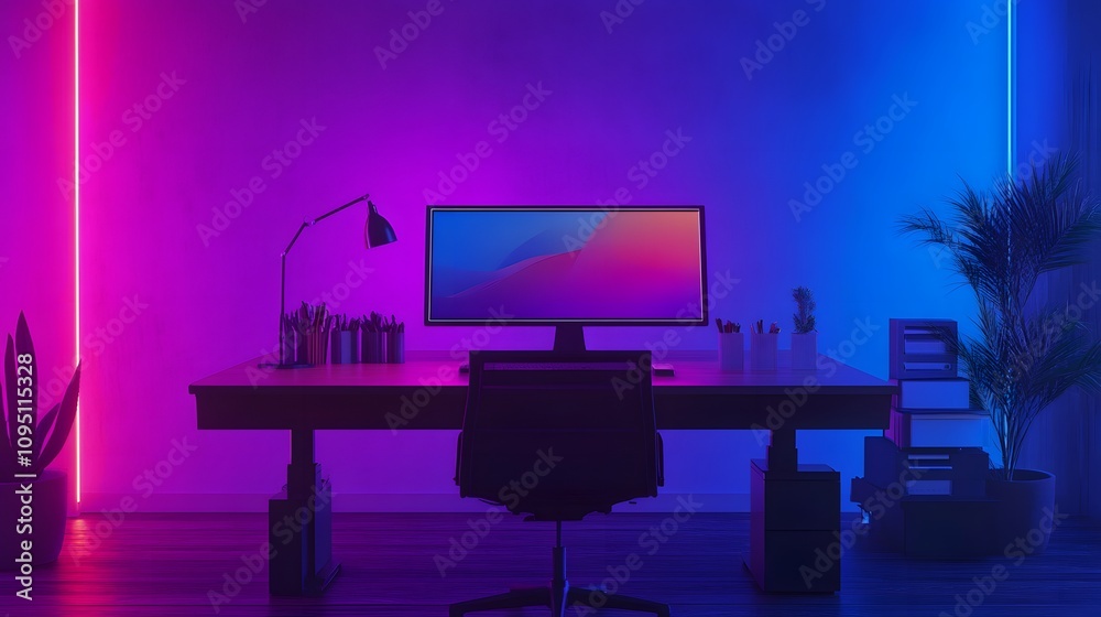 Leinwandbilder A sleek workspace where IoT-enabled smart desks adjust height with 3D glowing indicators and 2D floating customization settings. 4k resolution, Cinematic Scene