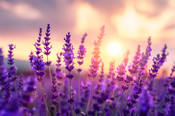 Lavender flower field at sunset
