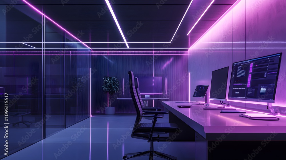Poster A minimalist office where IoT sensors track 3D glowing energy consumption data with 2D task-specific insights. 4k resolution, Cinematic Scene