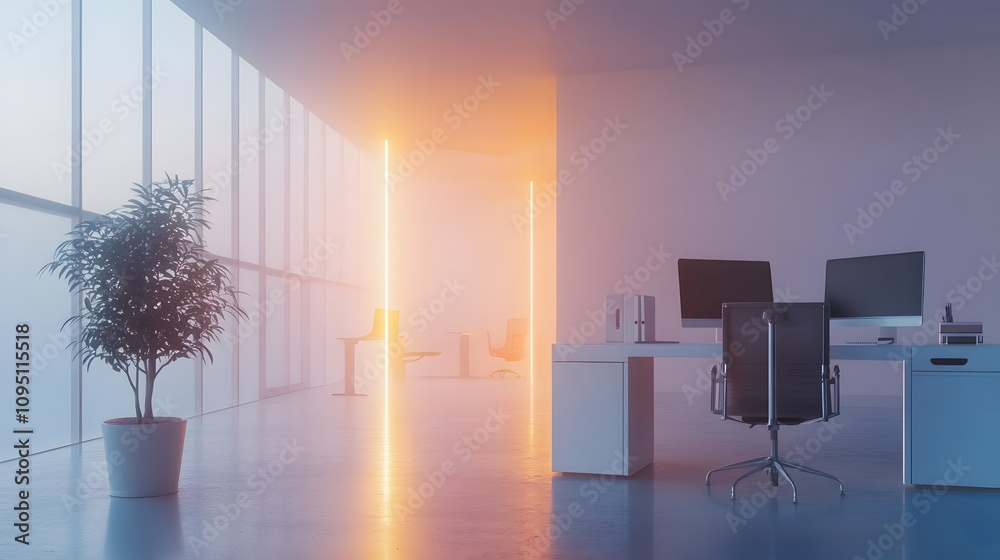 Poster A minimalist office where IoT sensors track 3D glowing energy consumption data with 2D task-specific insights. 4k resolution, Cinematic Scene