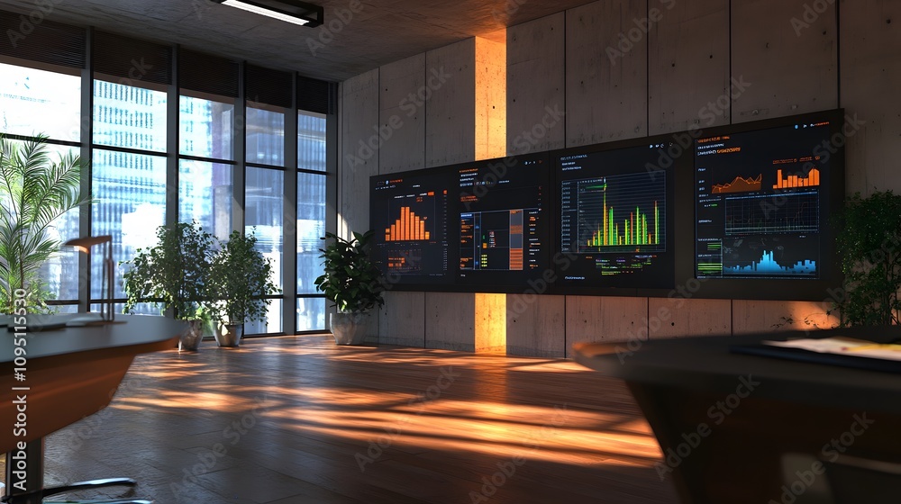 Aufkleber A modern workspace with IoT devices managing 3D glowing collaborative screens displaying task boards alongside 2D performance summaries. 4k resolution, Cinematic Scene
