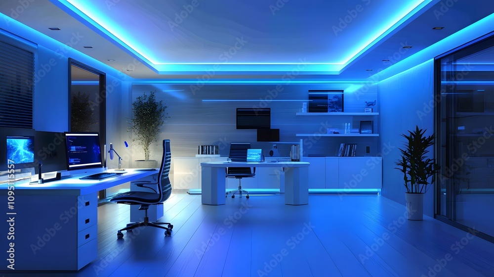 Poster A futuristic workspace integrating IoT-powered lighting that adjusts via 3D glowing control hubs and 2D environmental feedback. 4k resolution, Cinematic Scene