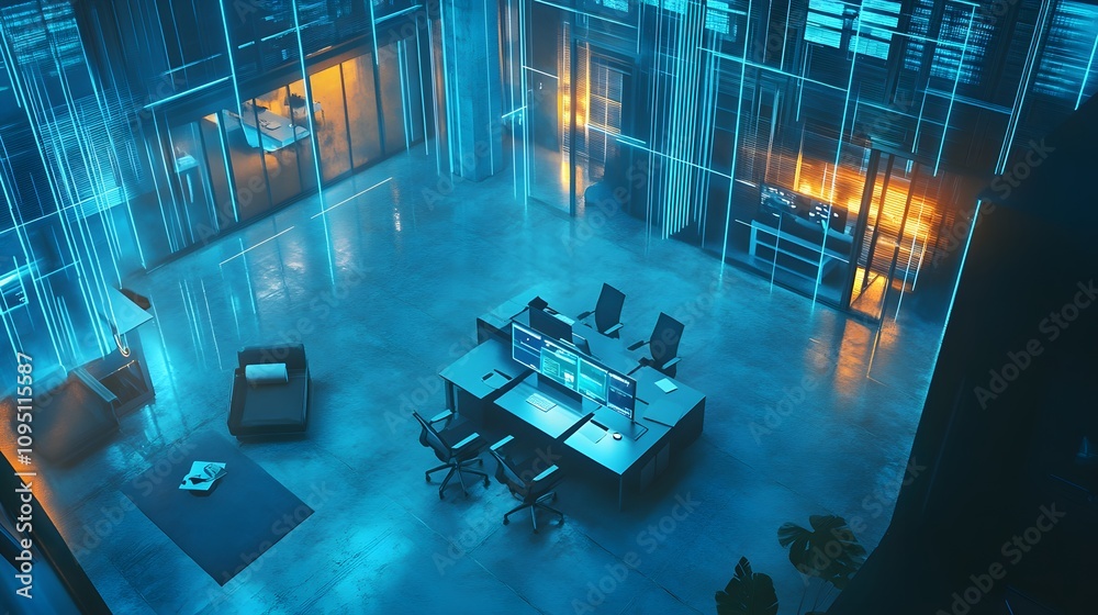 Aufkleber A futuristic coworking hub featuring IoT-powered occupancy sensors projecting 3D glowing availability visuals with 2D task coordination updates. 4k resolution, Cinematic Scene