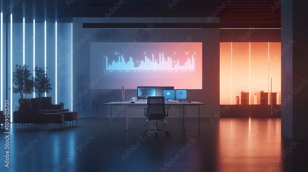 Poster A minimalist office where IoT-enabled desk systems project 3D glowing productivity stats alongside 2D actionable feedback. 4k resolution, Cinematic Scene