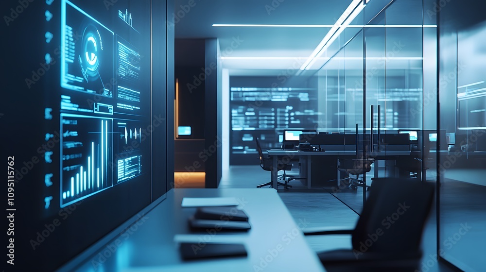 Aufkleber A minimalist office where IoT-enabled desk systems project 3D glowing productivity stats alongside 2D actionable feedback. 4k resolution, Cinematic Scene
