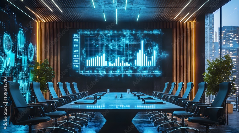 Poster A futuristic meeting room equipped with IoT-connected sensors displaying 3D glowing room utilization metrics and 2D success rates. 4k resolution, Cinematic Scene