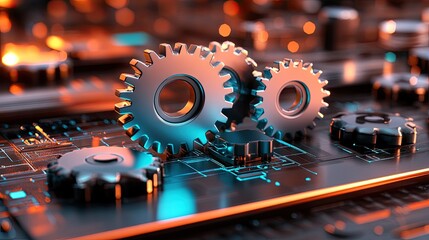 Fototapeta premium Abstract Representation of Modern Technology with Metallic Gears and Circuit Board Design Featuring Glowing Elements for Futuristic Conceptual Imagery