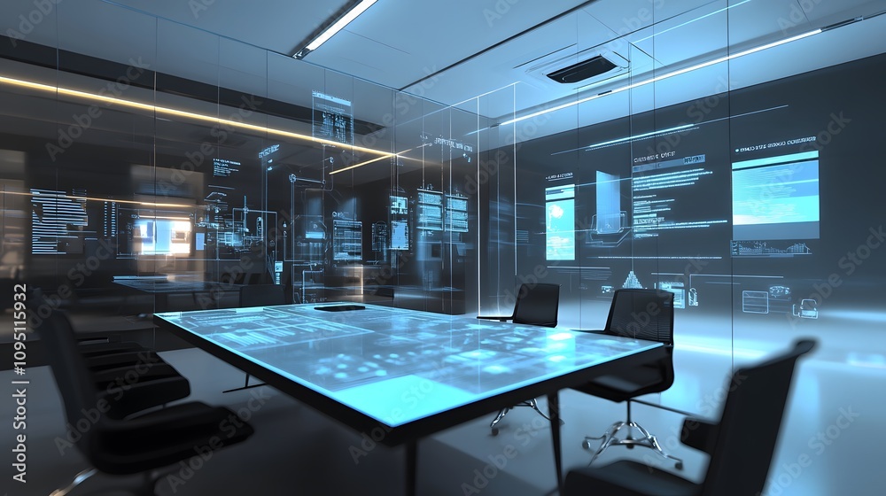 Poster A modern office with IoT-enabled meeting rooms displaying 3D glowing task boards and 2D live performance updates. 4k resolution, Cinematic Scene