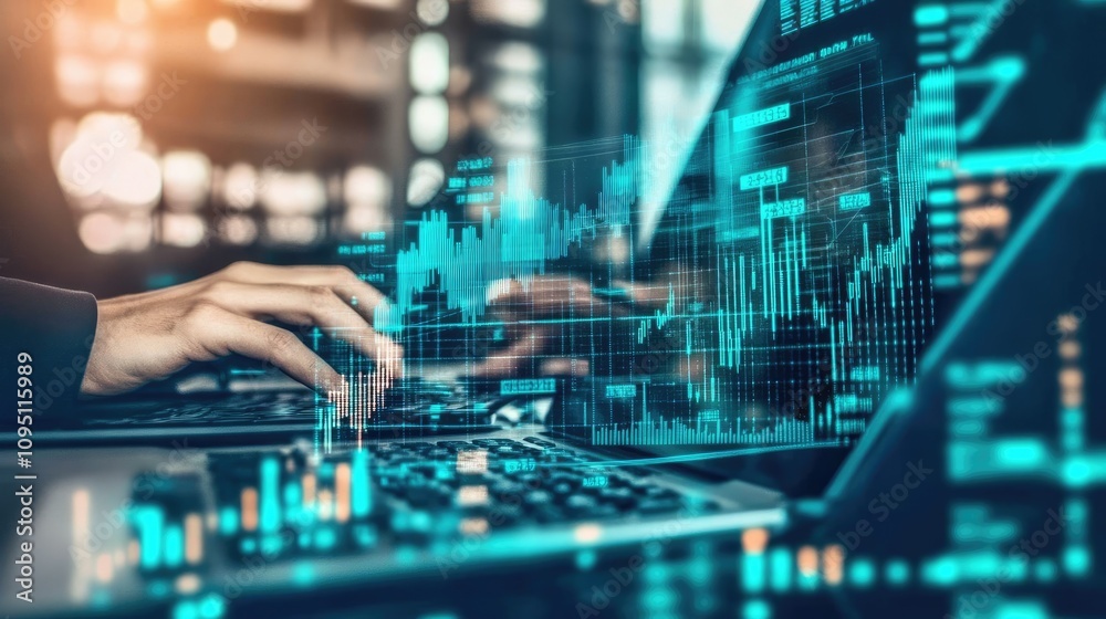Poster futuristic business analysis with digital graph display on laptop, showing data analytics and financ