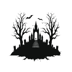 Obraz premium A dark silhouette of a haunted city skyline with a full moon, bare trees, and bats flying overhead.