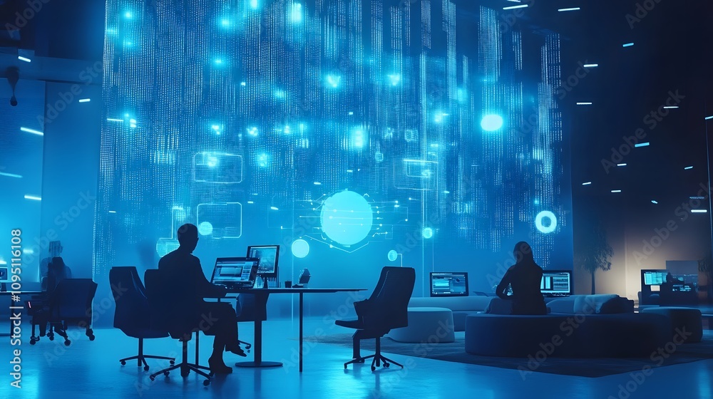 Aufkleber A collaborative session in a futuristic coworking hub showcasing IoT-enabled resource monitoring systems with 3D glowing visuals and 2D real-time data. 4k resolution, Cinematic Scene