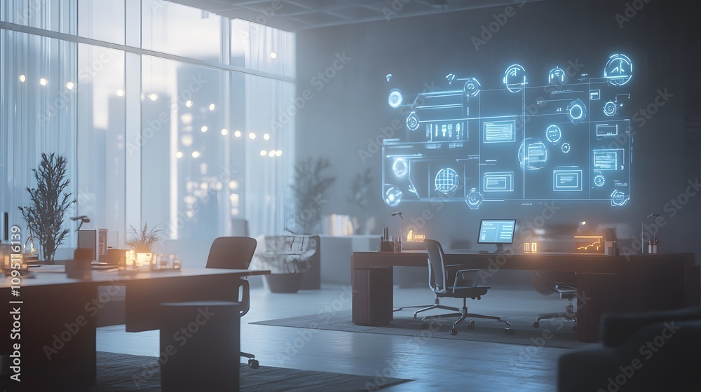 Poster A smart office featuring IoT-connected desks displaying 3D glowing productivity dashboards with 2D real-time task updates. 4k resolution, Cinematic Scene