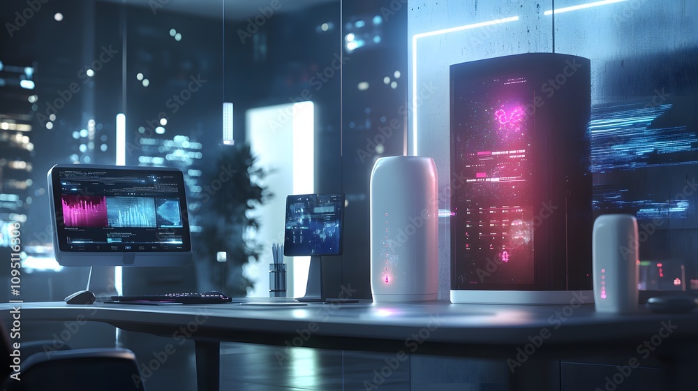 Poster A hybrid workspace equipped with IoT-powered air purifiers displaying 3D glowing efficiency dashboards and 2D live updates. 4k resolution, Cinematic Scene