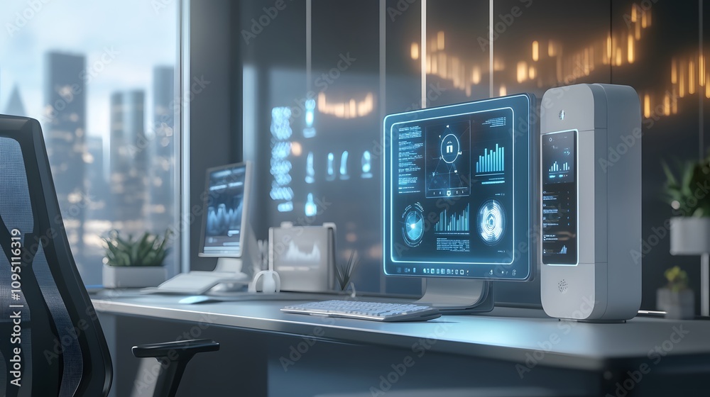 Poster A hybrid workspace equipped with IoT-powered air purifiers displaying 3D glowing efficiency dashboards and 2D live updates. 4k resolution, Cinematic Scene
