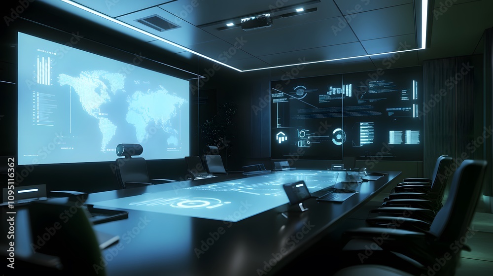 Poster a collaborative meeting room where iot-enabled interactive whiteboards show 3d glowing brainstorming