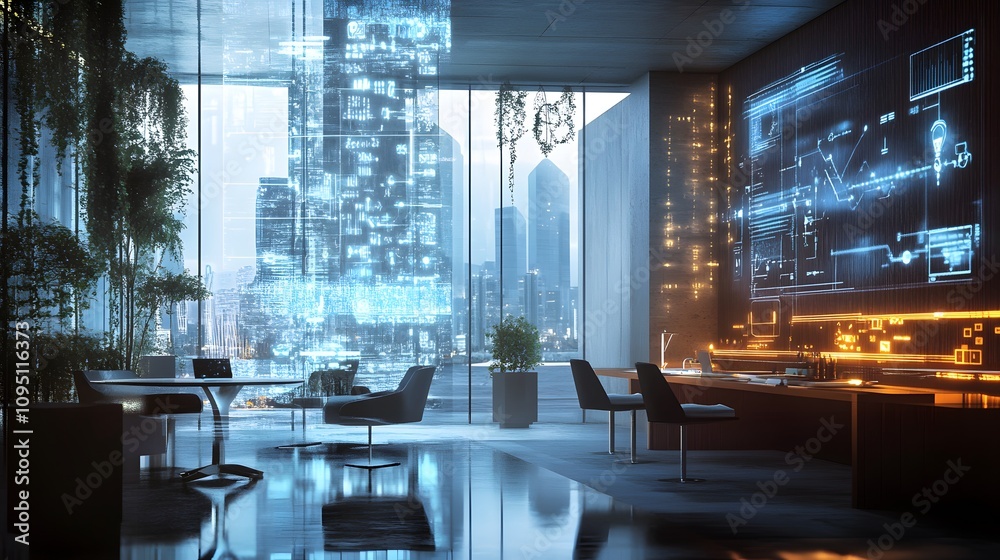 Poster A futuristic workspace with IoT-powered lighting systems projecting 3D glowing brightness adjustments and 2D energy metrics. 4k resolution, Cinematic Scene