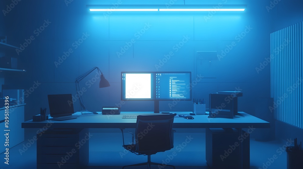 Poster A minimalist workspace featuring IoT-connected security systems with 3D glowing access logs and 2D task reminders. 4k resolution, Cinematic Scene