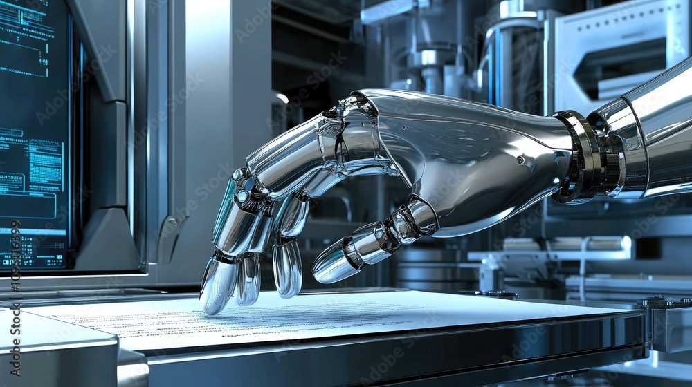 Poster futuristic robotic hand interacting with digital document in high-tech environment symbolizing autom