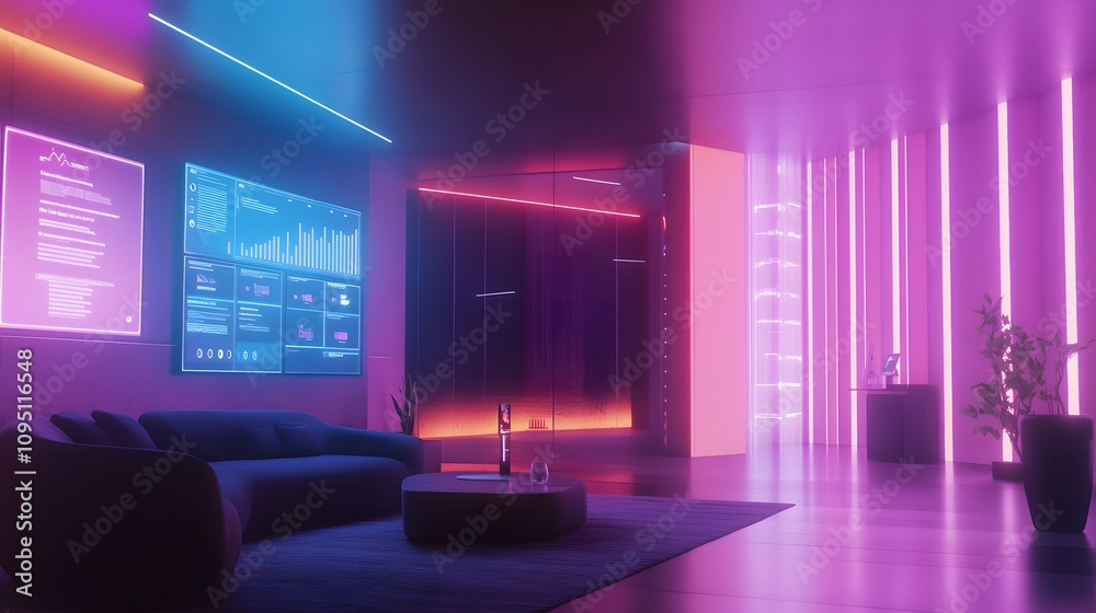 Poster A hybrid office integrating IoT-powered room management systems projecting 3D glowing booking dashboards alongside 2D performance reviews. 4k resolution, Cinematic Scene