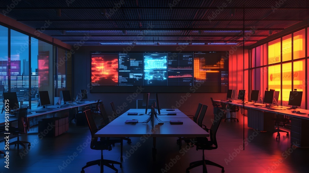 Poster A collaborative workspace featuring IoT-enabled motion sensors displaying 3D glowing occupancy maps and 2D feedback indicators. 4k resolution, Cinematic Scene