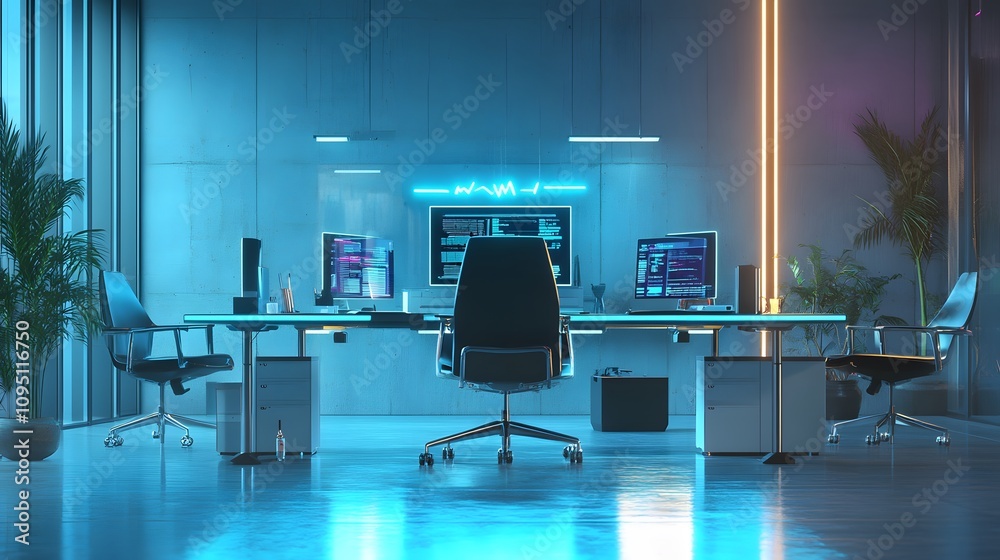 Fototapete A modern office setup where IoT-enabled smart desks adjust automatically via 3D glowing controls and 2D task prioritization visuals. 4k resolution, Cinematic Scene