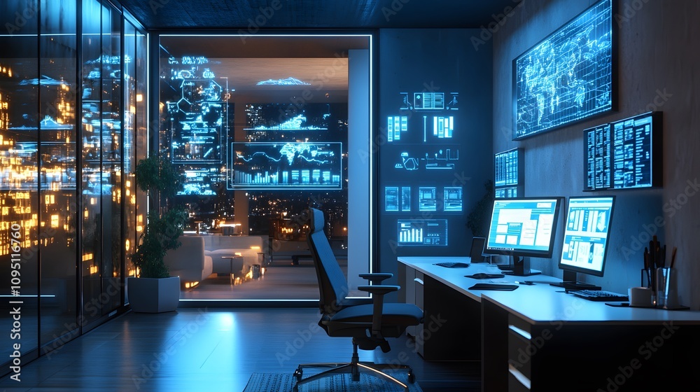 Fototapete A modern office setup where IoT-enabled smart desks adjust automatically via 3D glowing controls and 2D task prioritization visuals. 4k resolution, Cinematic Scene