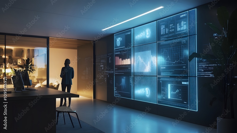 Poster A collaborative workspace where IoT-powered interactive walls display 3D glowing brainstorming visuals alongside 2D actionable goals. 4k resolution, Cinematic Scene