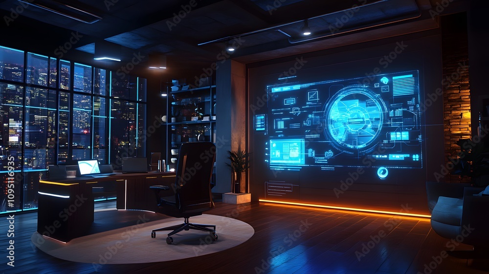 Poster A sleek office showcasing IoT-enabled collaboration hubs projecting 3D glowing resource allocation visuals with 2D actionable updates. 4k resolution, Cinematic Scene
