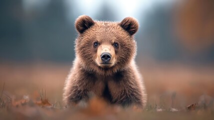 Obraz premium Adorable Brown Bear Cub in Autumn Meadow Wildlife Photography